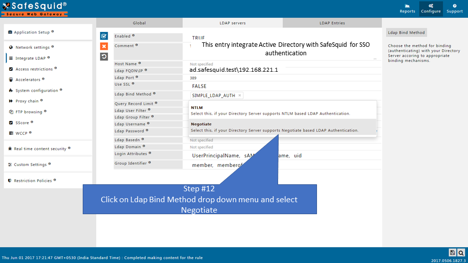 clicking on ldap bind method and selecting negotiate method from the drop down menu