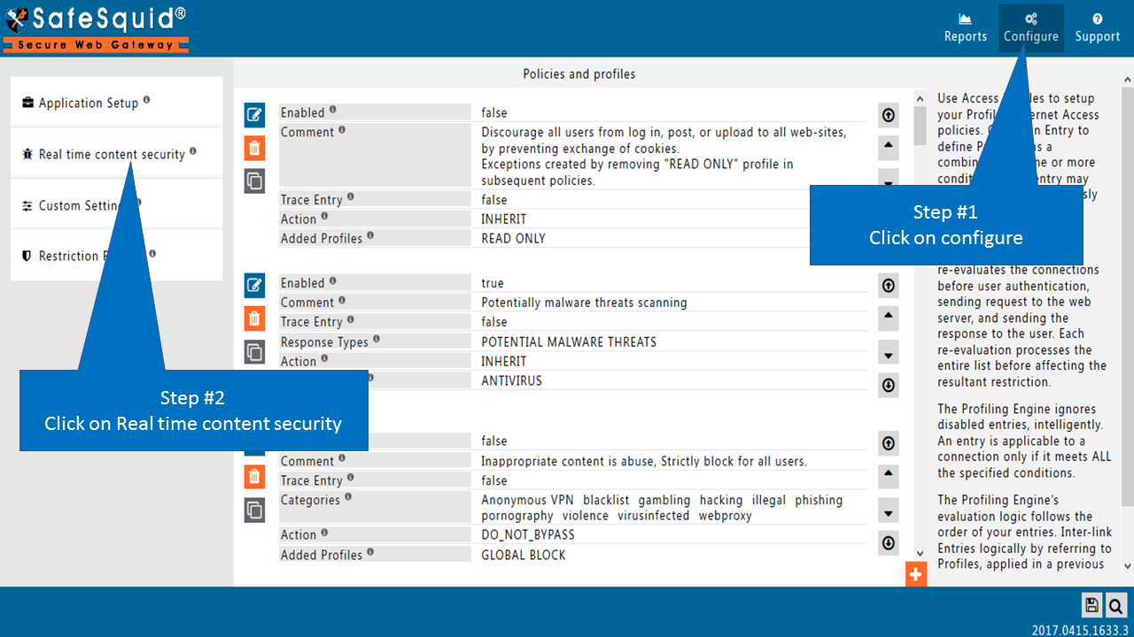 clicking on configure and clicking on Real time Content Security in safesquid interface