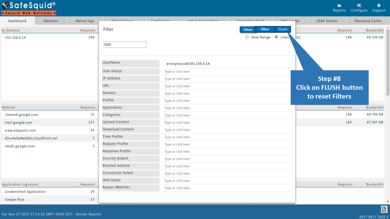 Flush button to reset filters of safesquid report