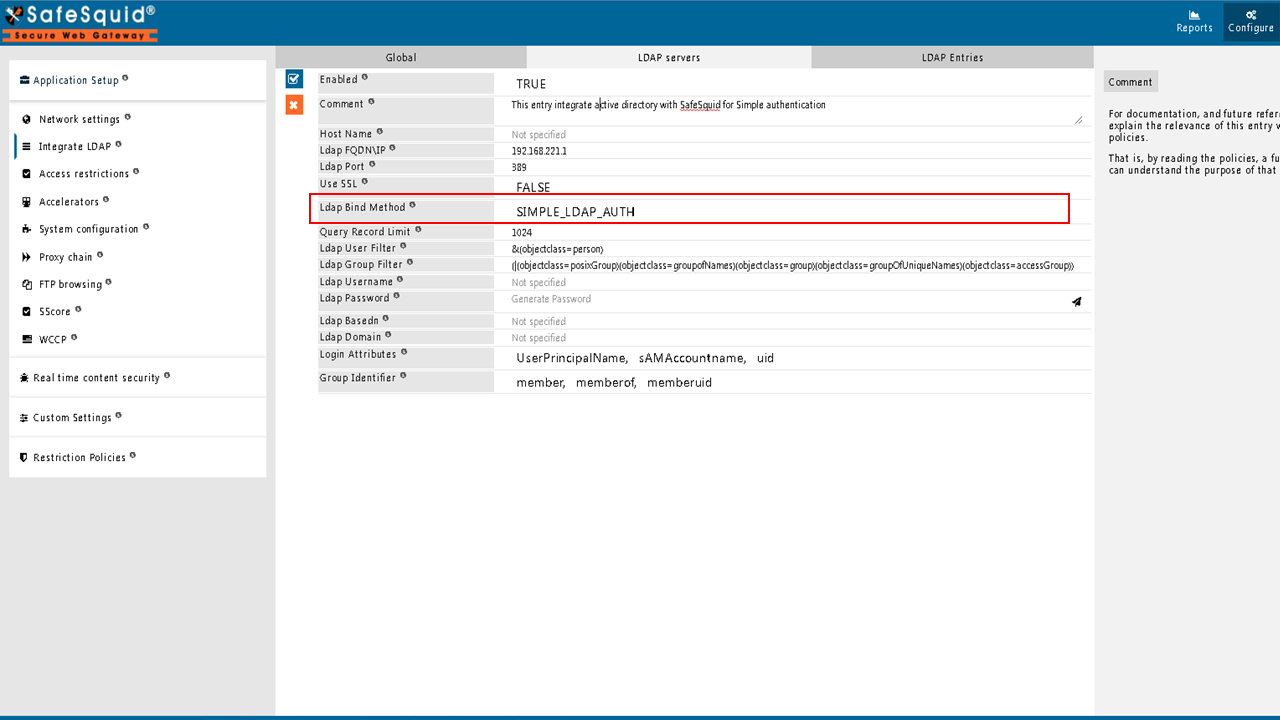 clicking on ldap bind method and selecting appropriate method from the drop down menu