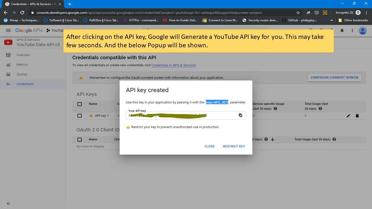 Google generate Youtube API keys