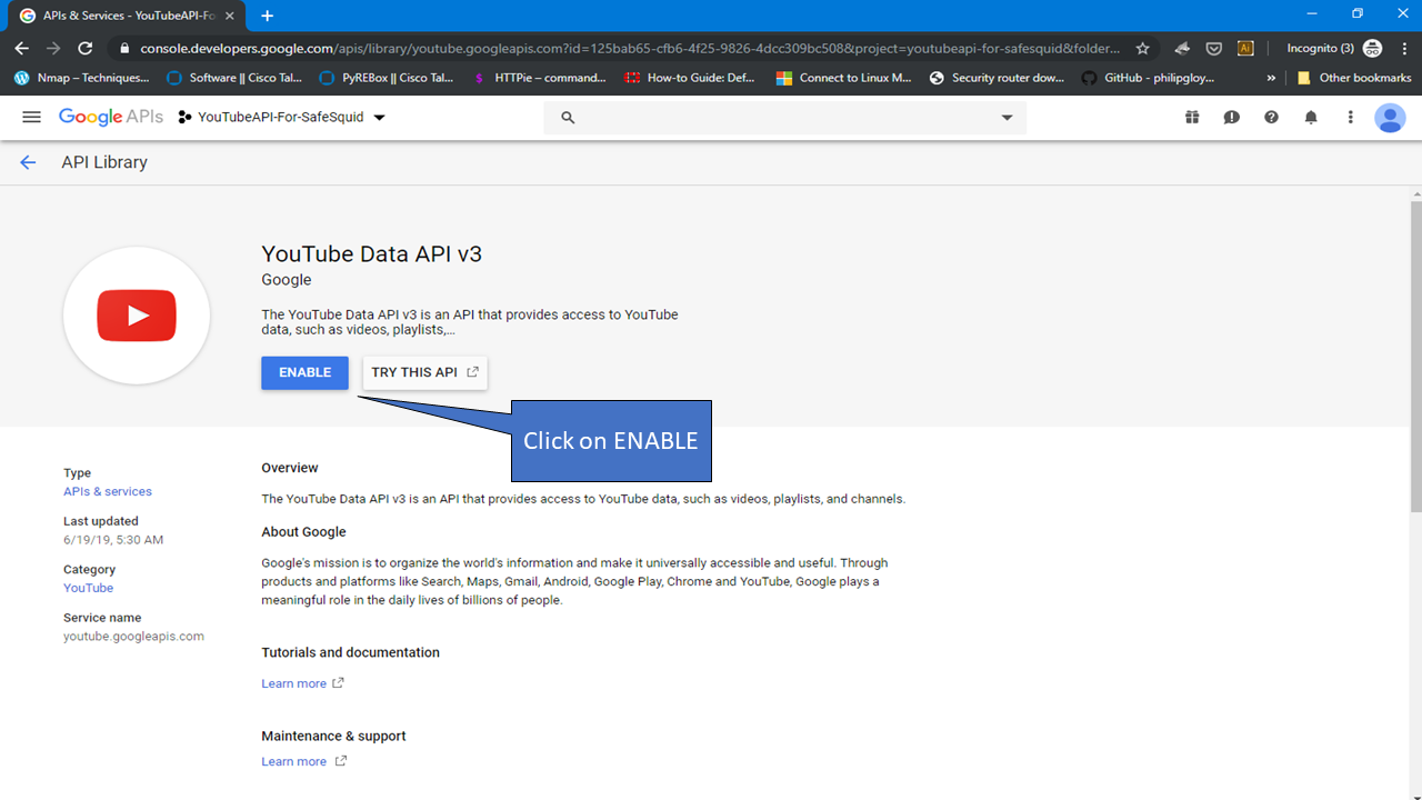 ENABLE YOUTUBE DATA API V3 to