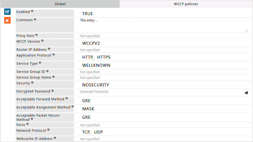 showing WCCP policies tab of WCCP