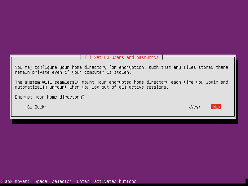 Encrypting your home directory by selecting yes or no