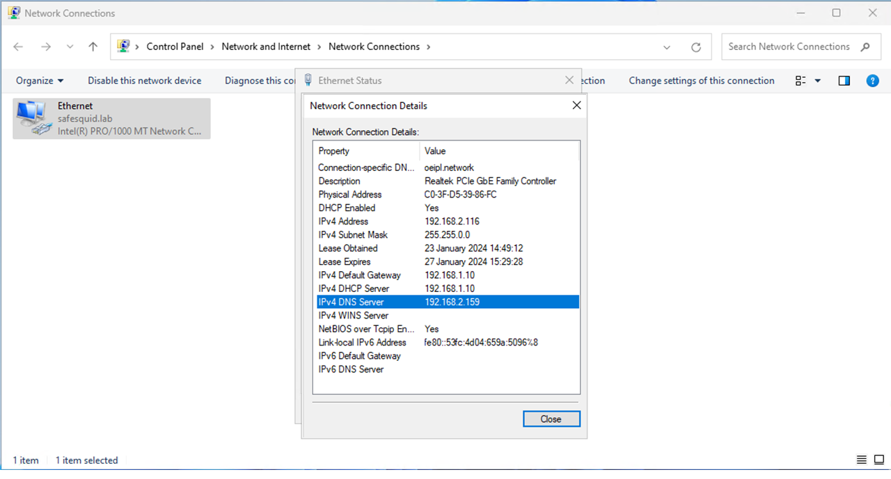 showing IPv4 DNS server as AD server