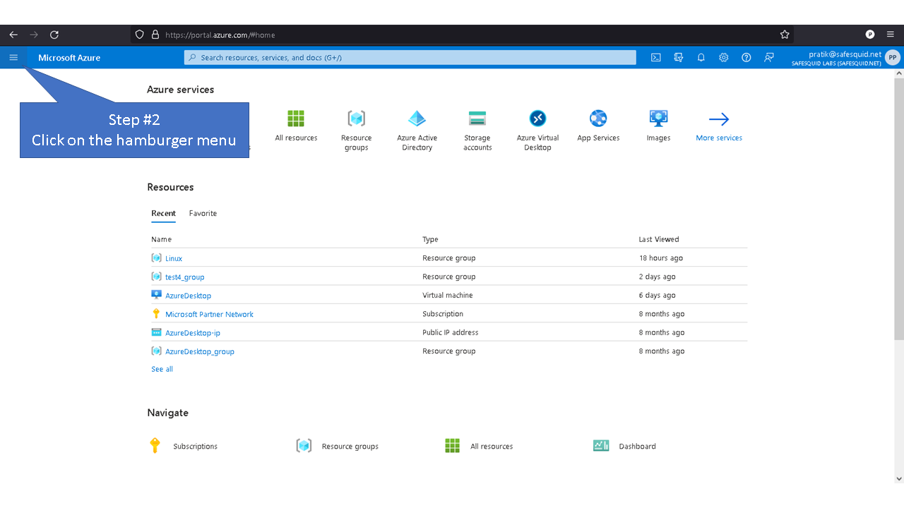 clicking on hamburger icon in azure portal
