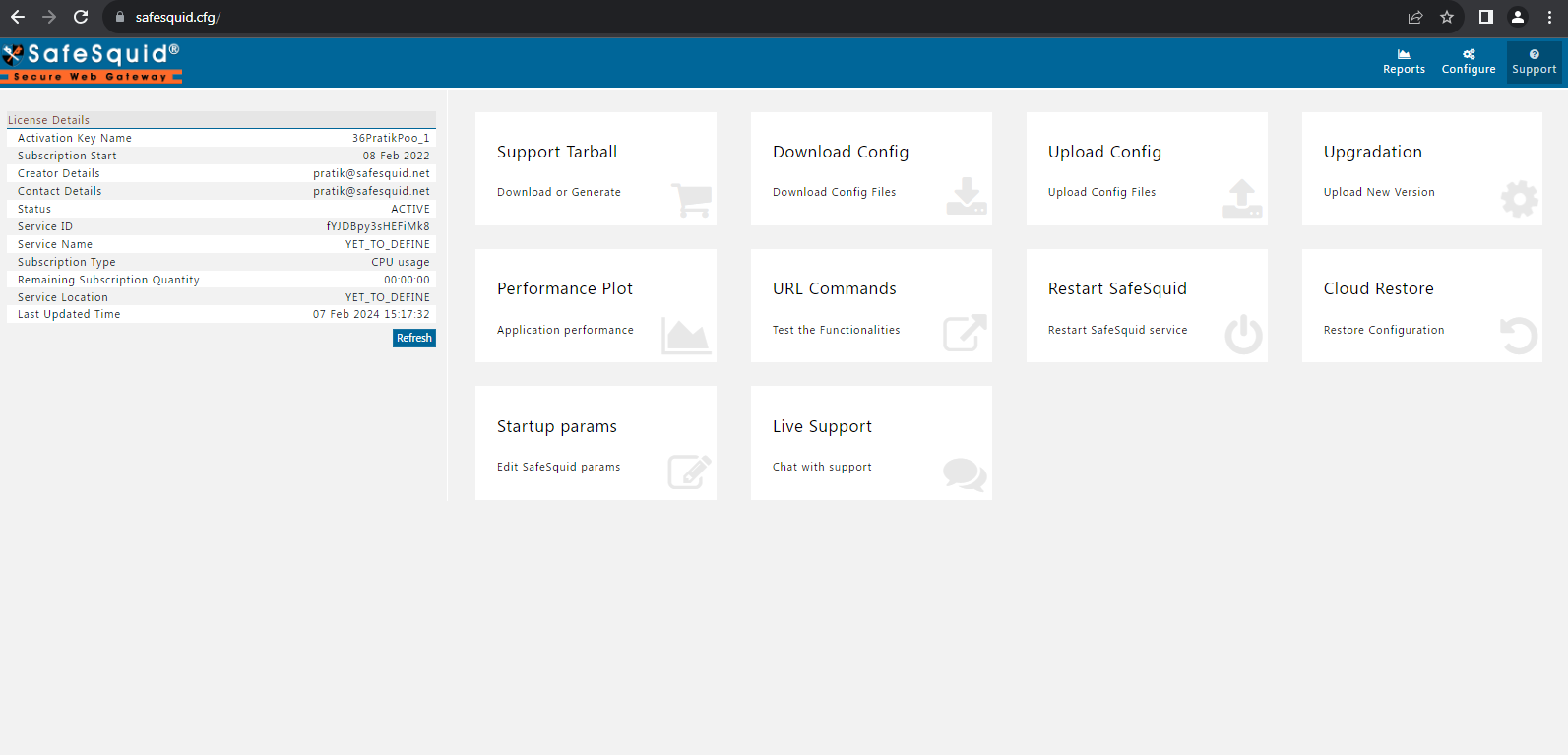 accessing safesquid web interface and going to support 