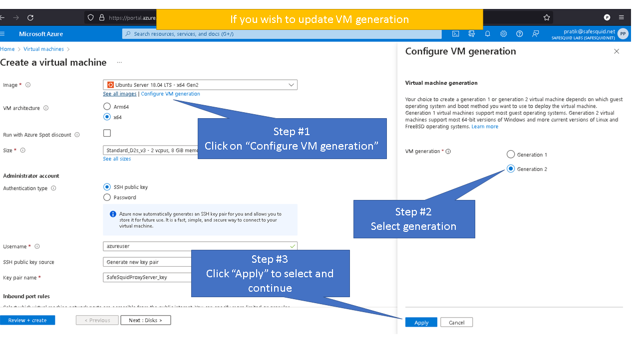 clicking on configure VM generation, selecting generation, clicking on apply to select and continue