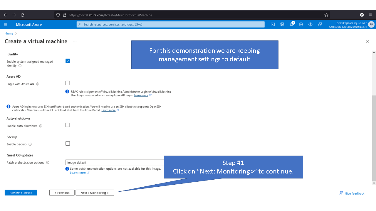 showing that for demonstration we are keeping management settings to default