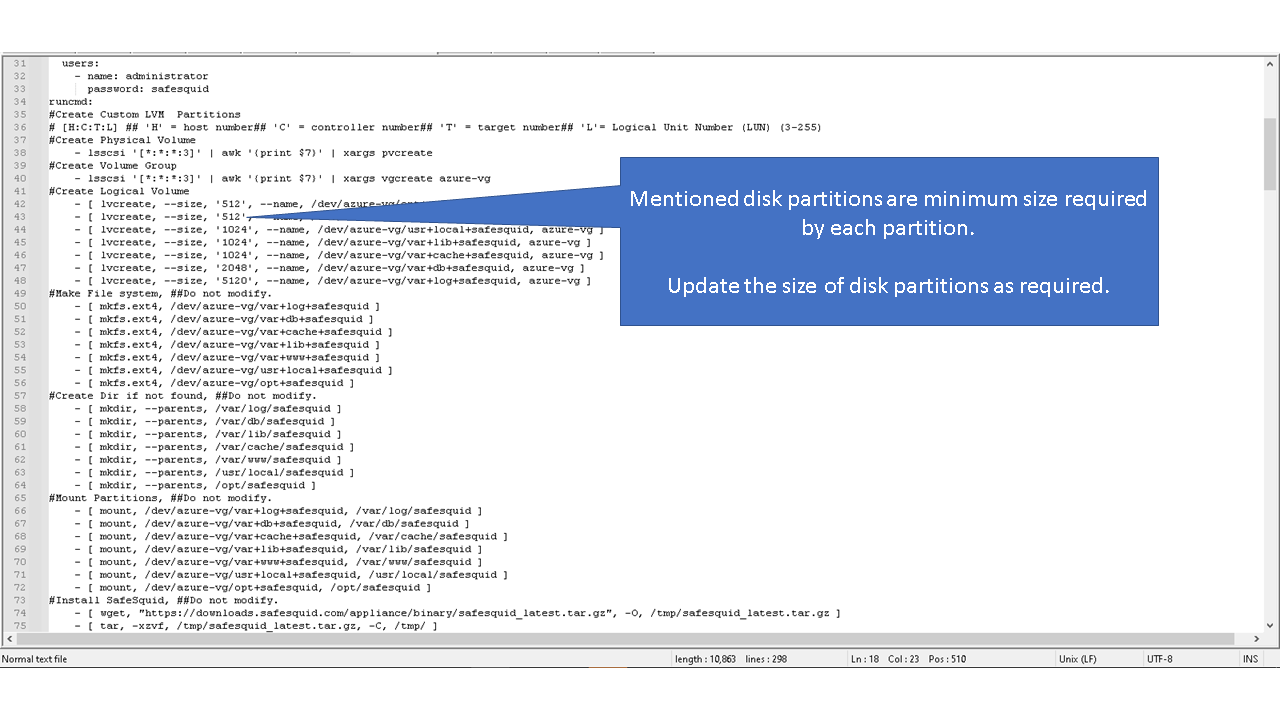 showing mentioned disk partitons are minimum size required by each partion. updating the size of disk partitions as required