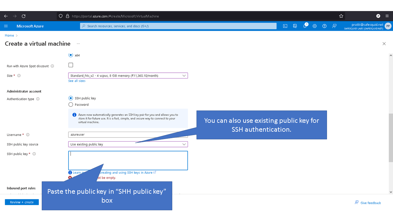 you can also use existing public key for SSH authentication and pasting the public key in the box