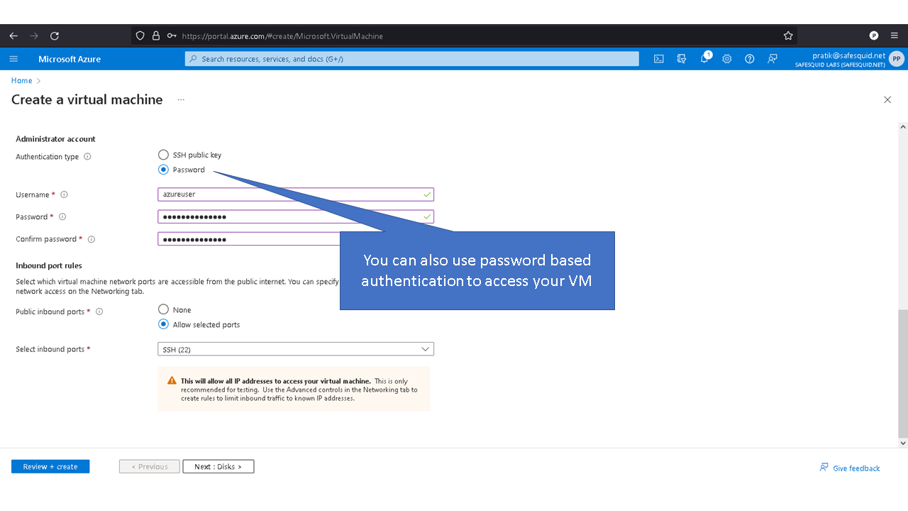 showing that you can also use password based authentication to access your VM