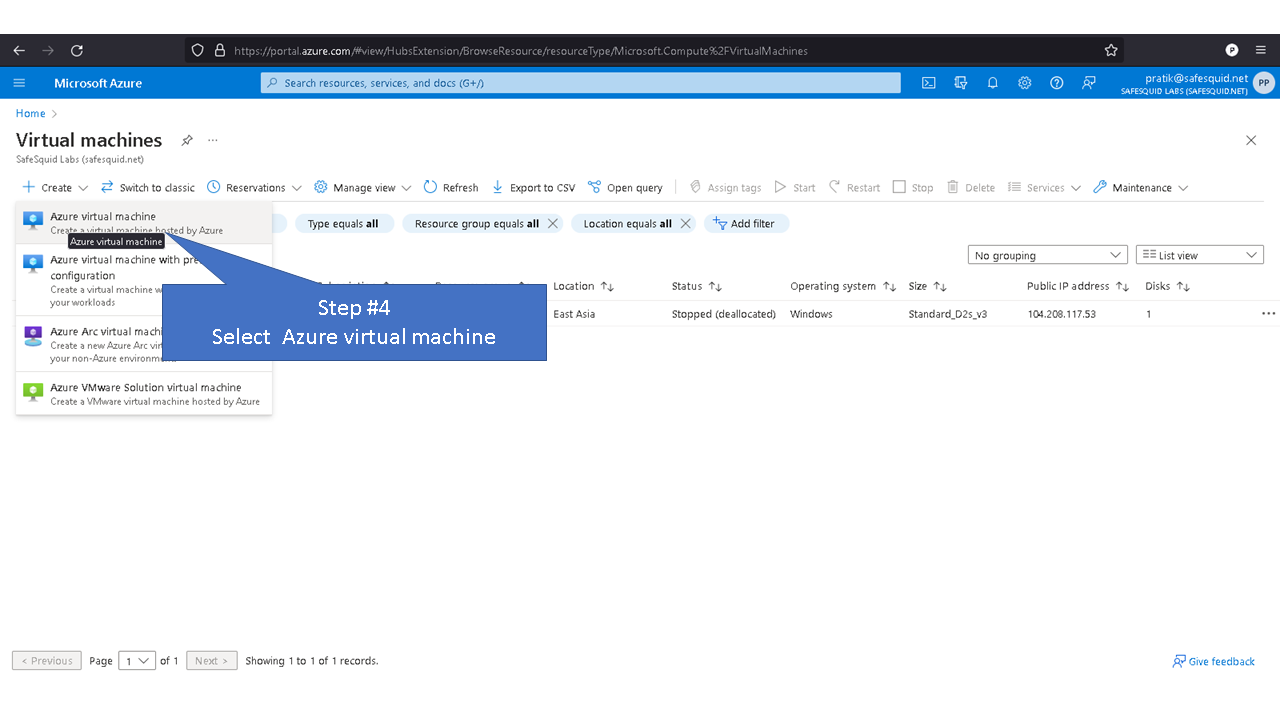 selecting azure virtual machine