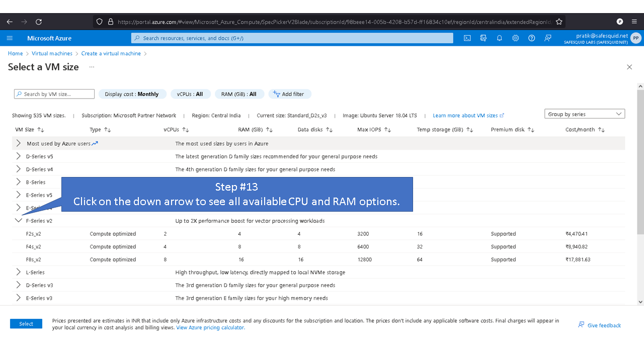 clicking on the down arrow to see all the available CPU and RAM options