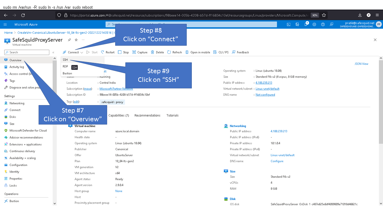 clicking on connect and clicking on SSH