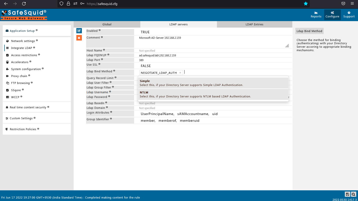 selecting ldap bind method as NEGOTIATE_LDAP_AUTH