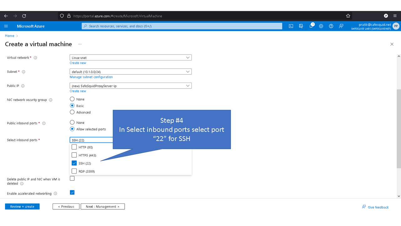 selecting inbound ports 22 for SSh