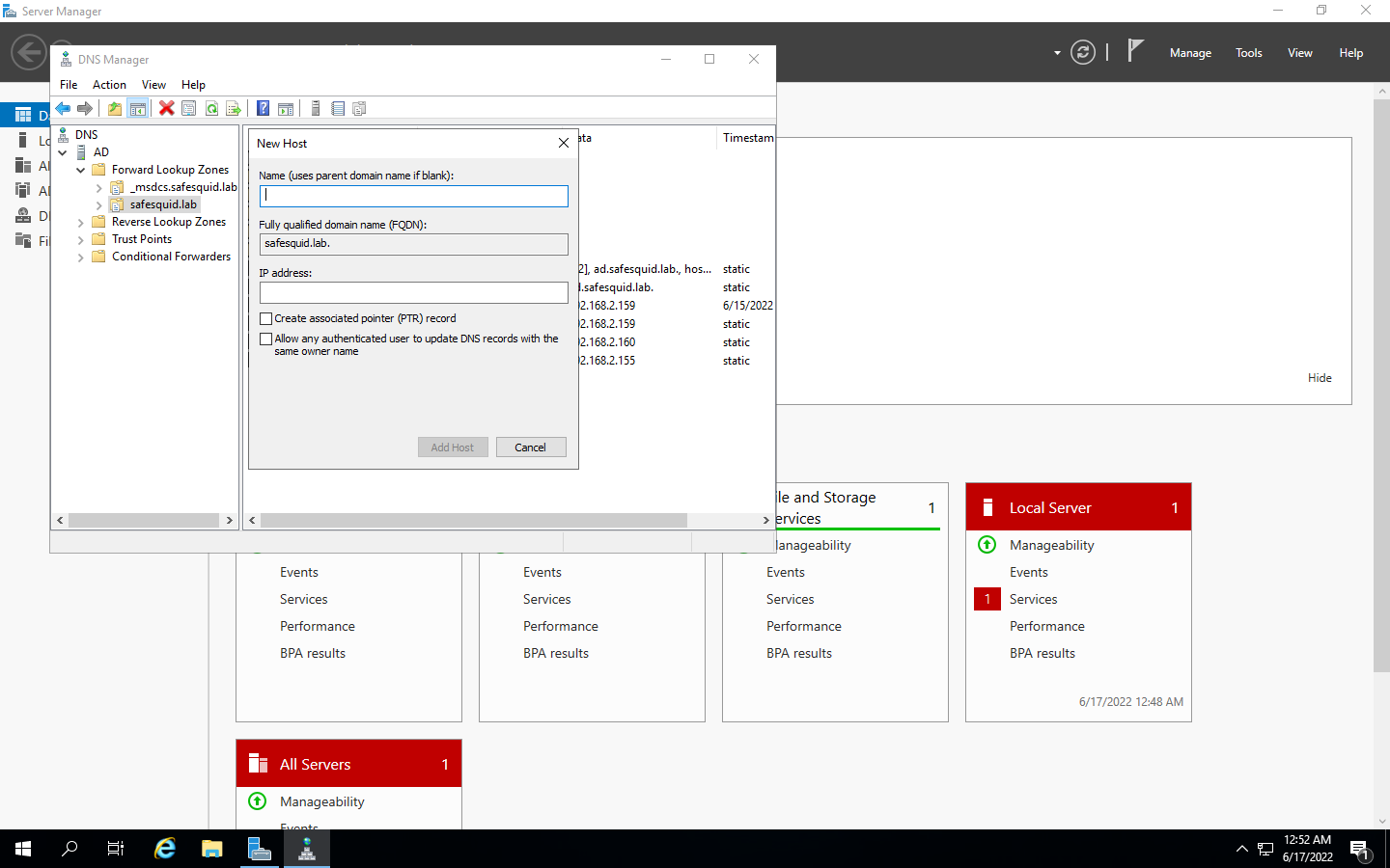 Entering the hostname and IP address of your proxy server