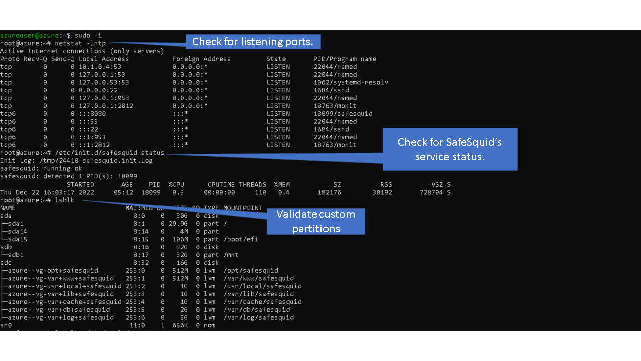 validating using check for listening ports . checking for safesquid service status. validating custom partitions