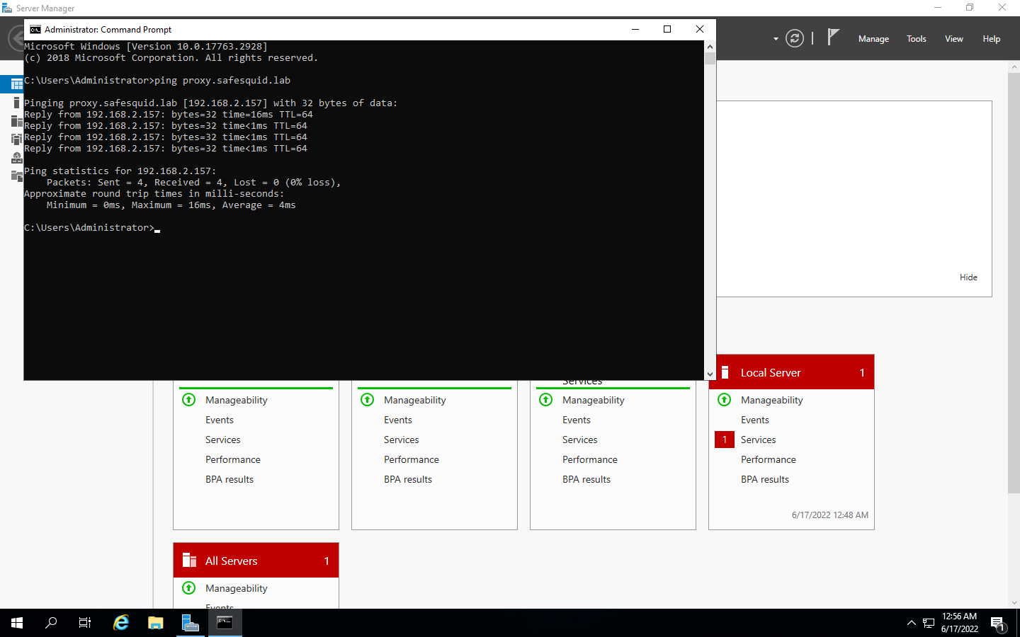 Pinging your proxy server using its fqdn from your cmd of windows server.