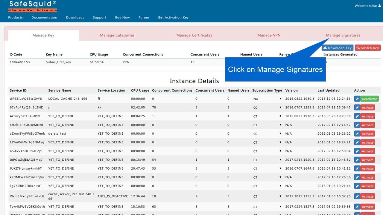 clicking on manage signatures in key.safesquid.com