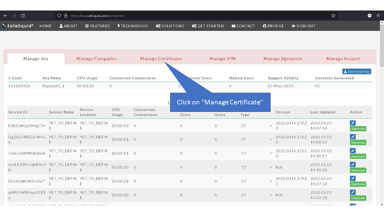 clicking on manage certificate