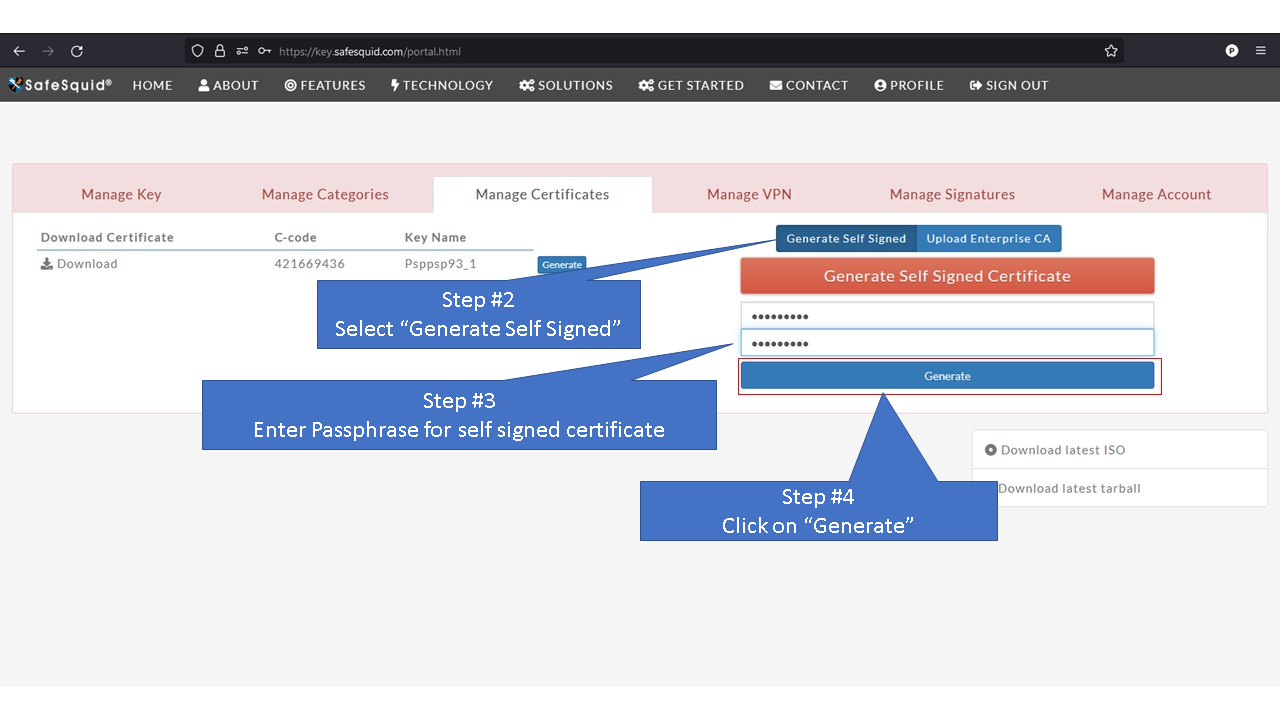 selecting general self signed and wntering passphrase for self signed certificate and clicking on generate 