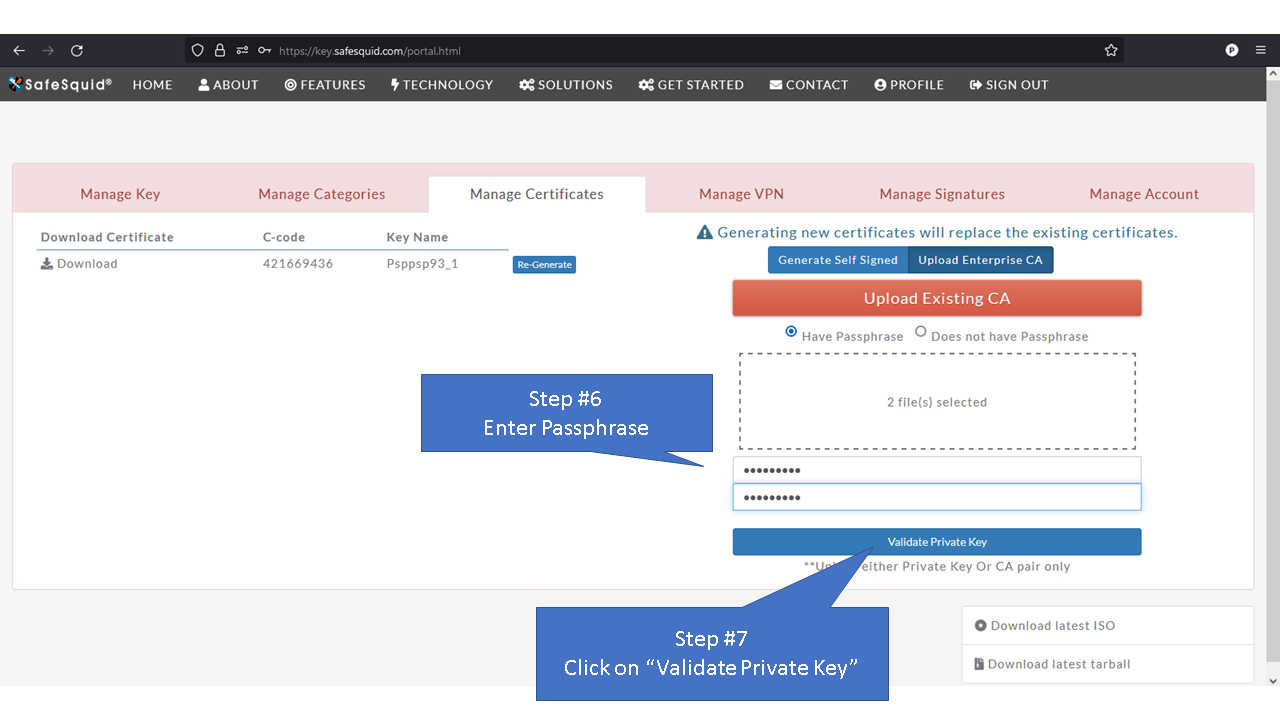 entering the passphrase and clicking on validate private key 