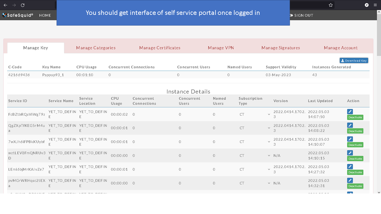 interface of self service portal