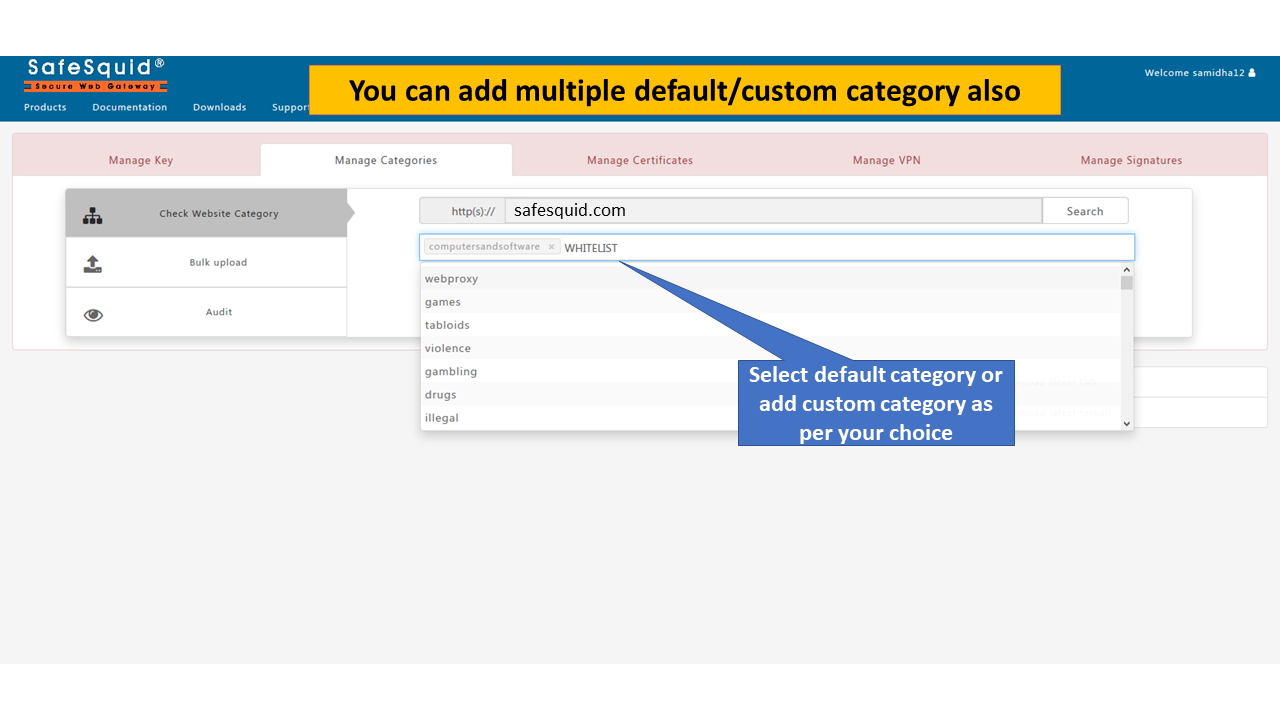 selecting default category or adding custom category as per the choice 