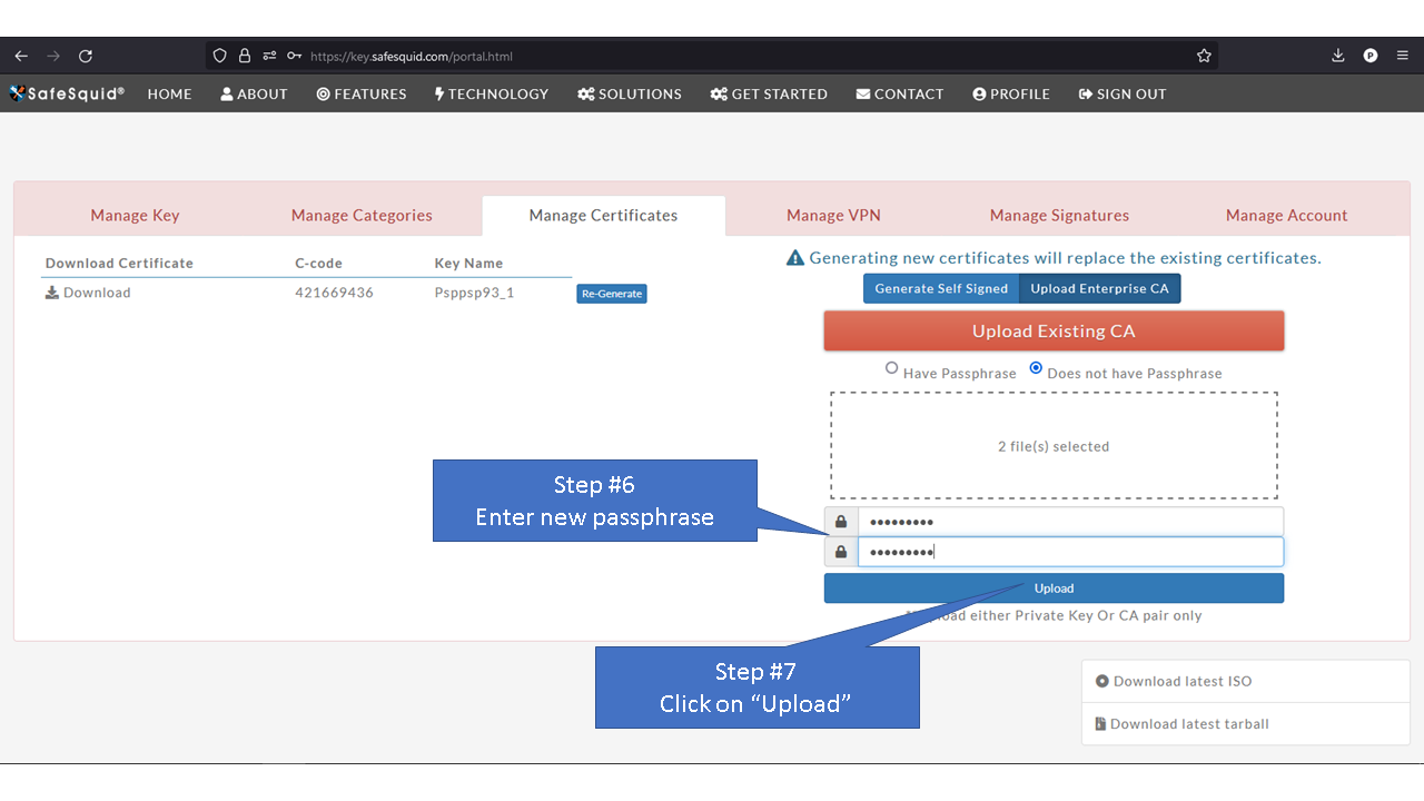 entering new passphrase and clicking on upload