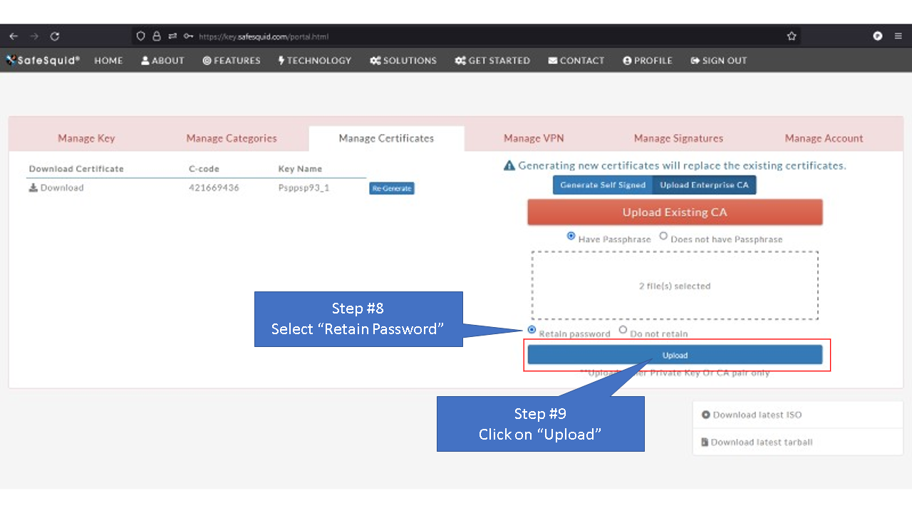 selecting retain password and clicking on upload