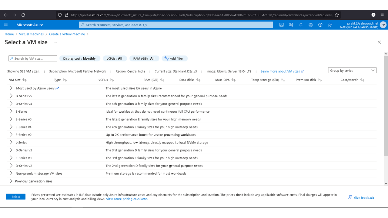 showing VM size