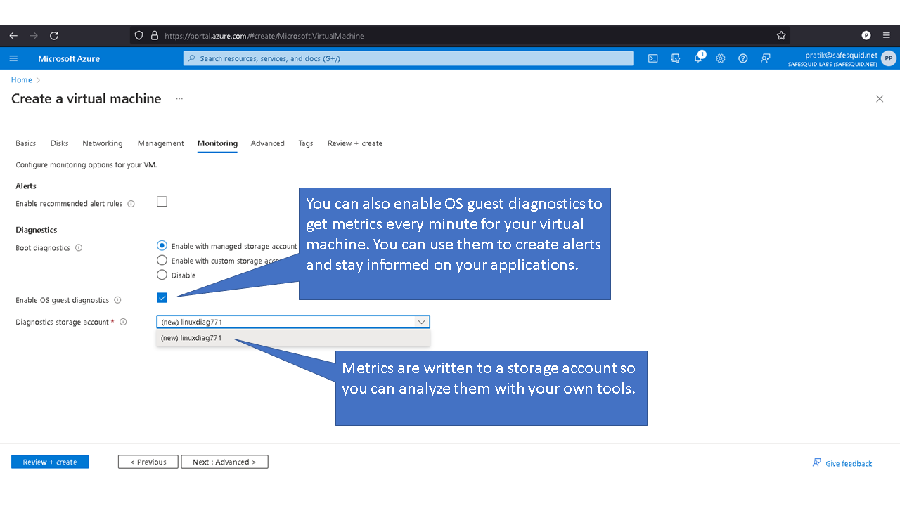 showing how to enable OS guest diagnostics to get metrics every minute for your virtual machine. you can use them to create alerts and stay informed on your applications