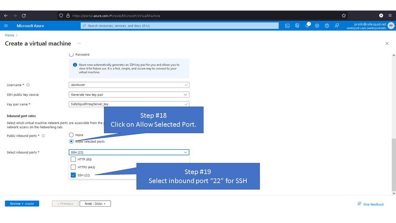 clicking on allow selected port and selecting inbound port 22 for SSH