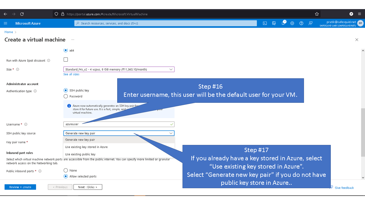 entering the username, and selecting SSH public key source