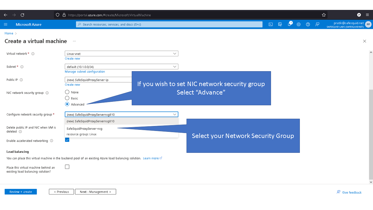 if you wish to set NIC network security group select advance. selecting your network security group