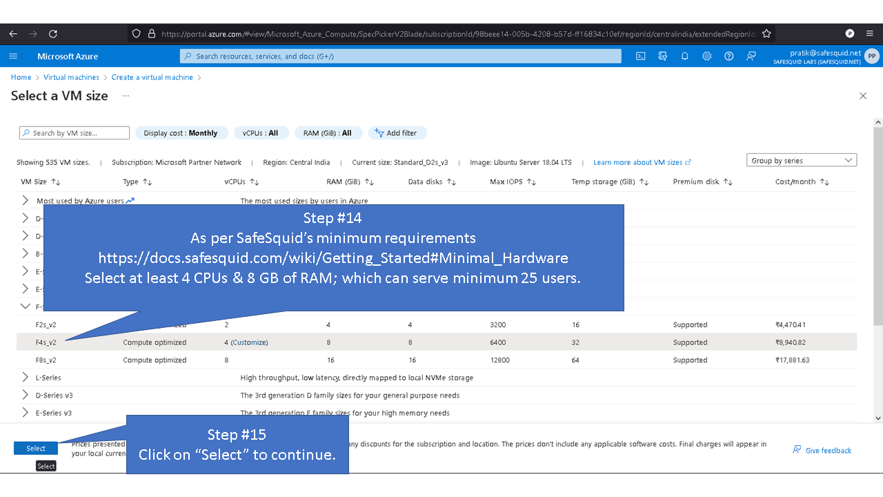 selecting the appropriate hardware as per safesquid requirement and clicking on select to continue