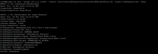 showing unsuccessful scenario of curl output with proxy enabled