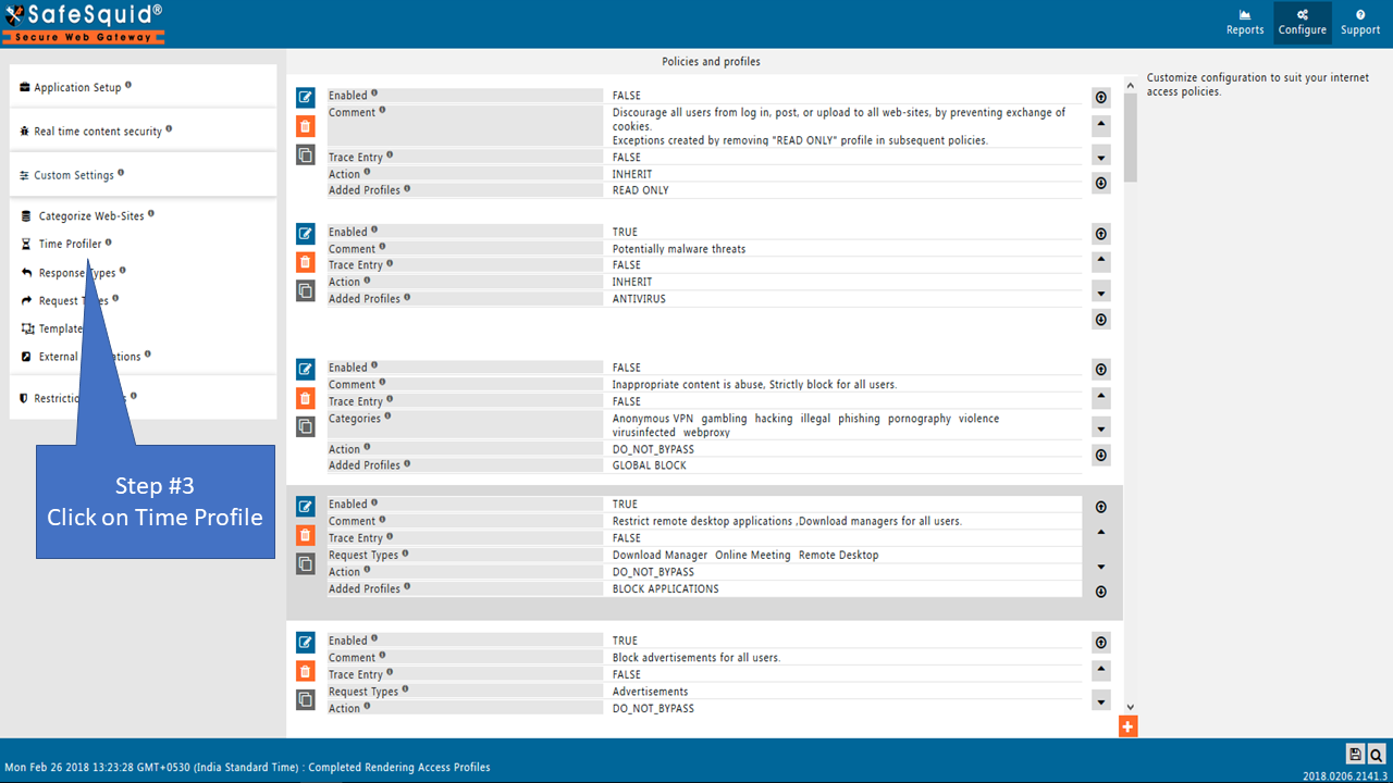 clicking on time profile in the custom settings section