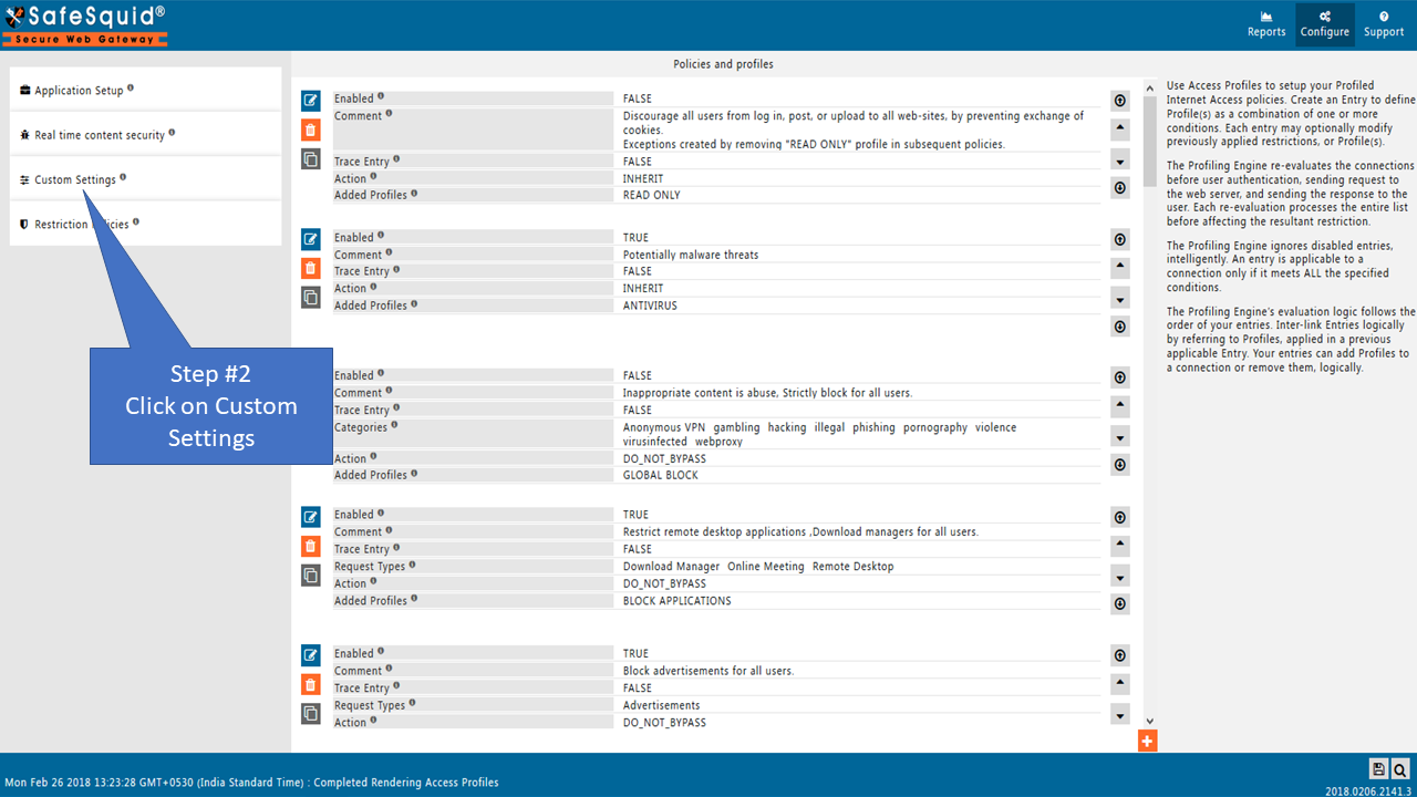 clicking on custom settings in the sidebar