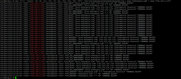 showing logs in safesquid server greping IP address name
