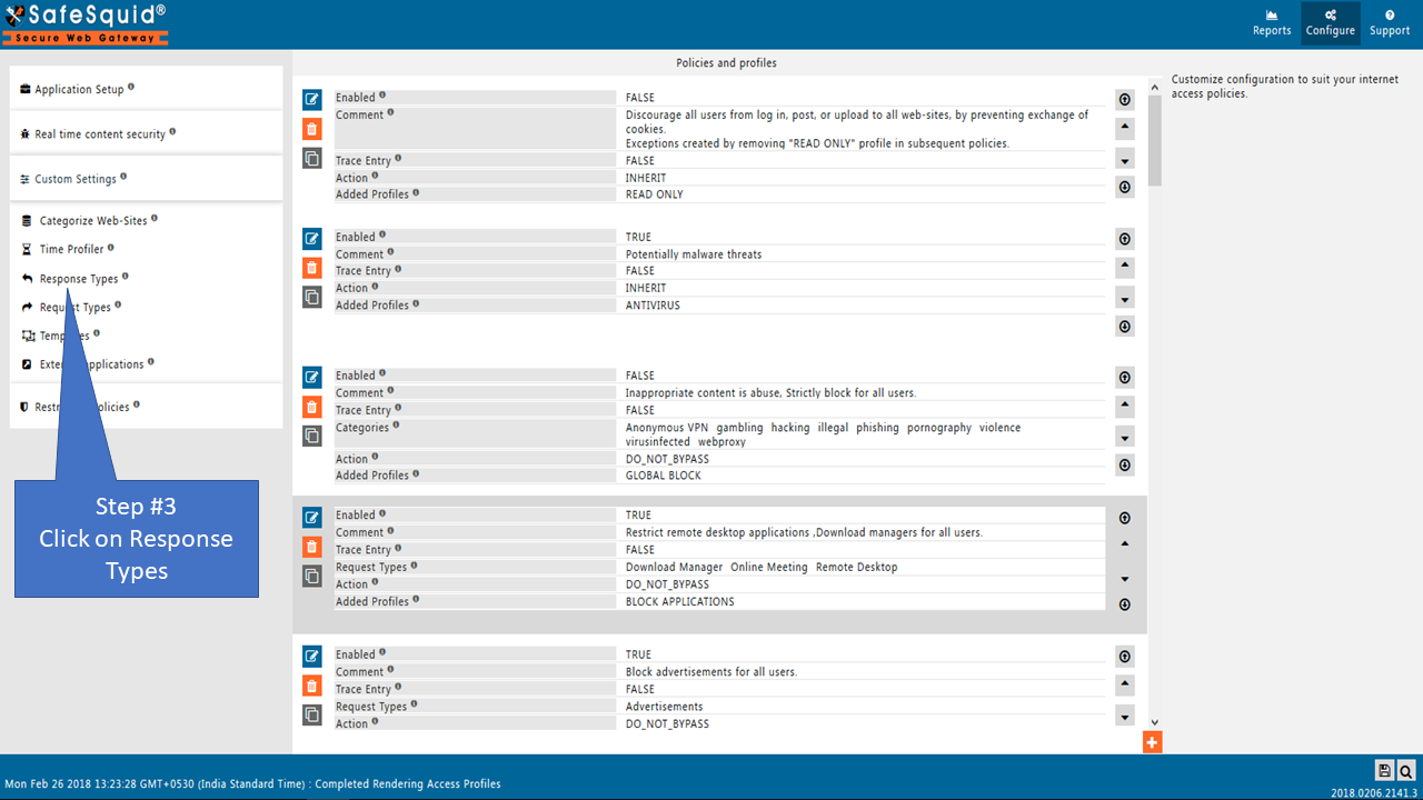 clicking on Response Types in custom settings